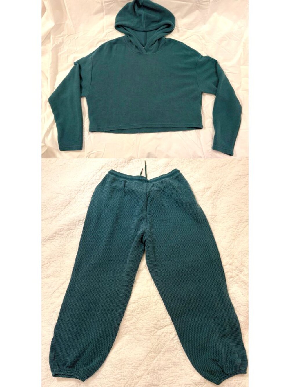 Athleta Tranquil Mid Rise Waffle Joggers and Hoodie set medium tall in Pine